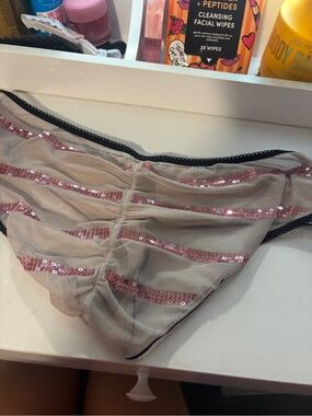 Victoria's Secret Sheer Beige Mesh Bikini Panty with Pink Sequin Stripes
